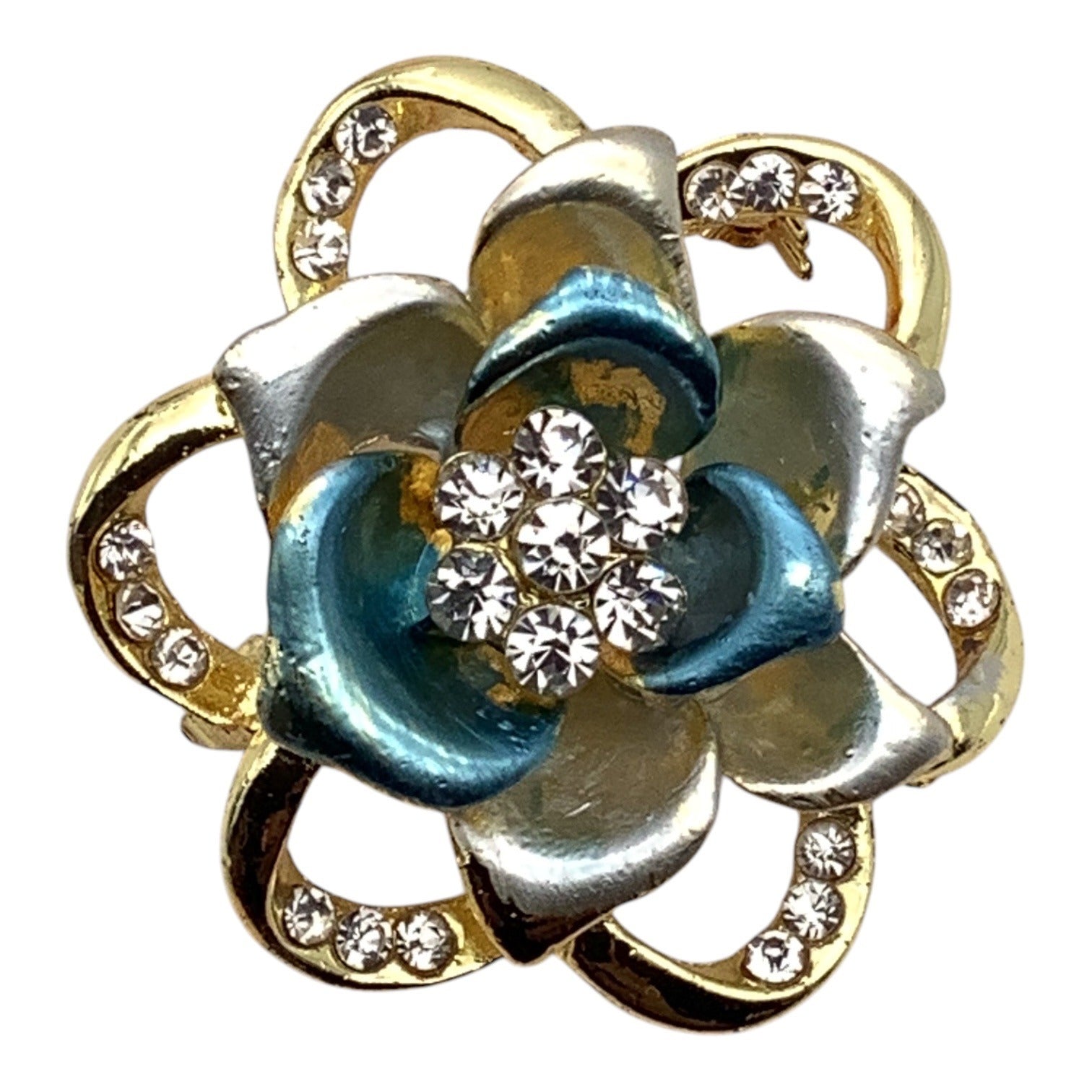 Blooming Rose Flower Crystal Brooch Pin W/ Gold Tone Accents & Rhinestone Details