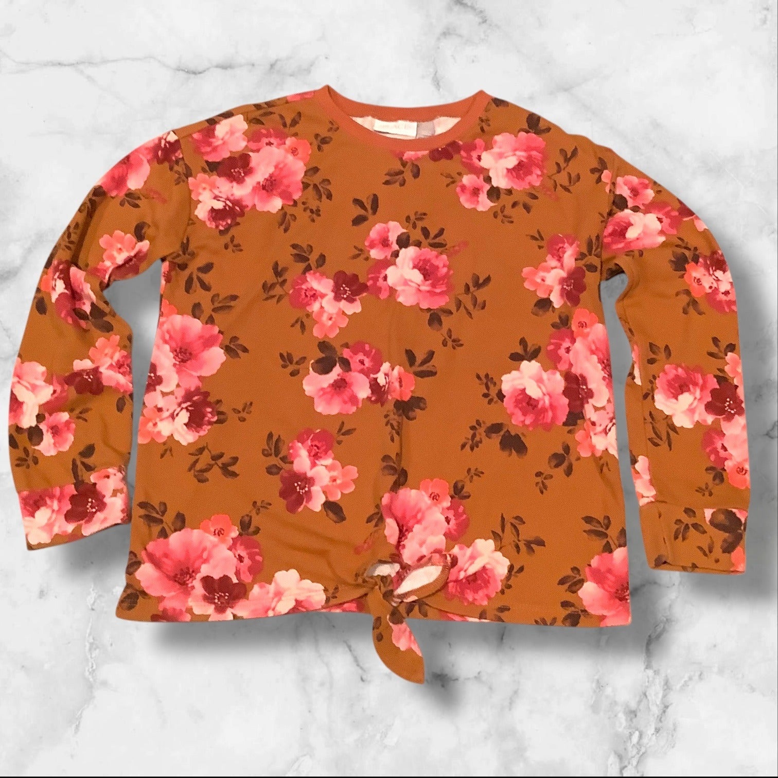 The Children’s Place Girls Floral Print Fleece Tie Front Top Brown Long Sleeves Size L 10/12