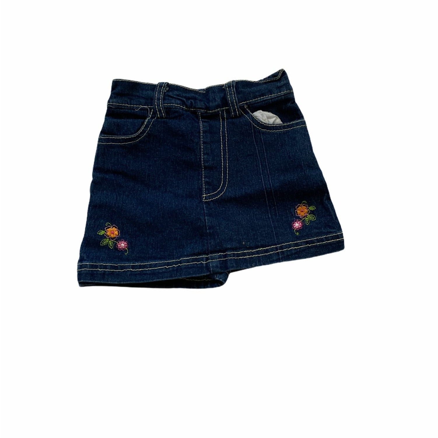 2B Real Baby Girls 18M Blue Denim Skort With Floral Embroidery Elastic Waist
