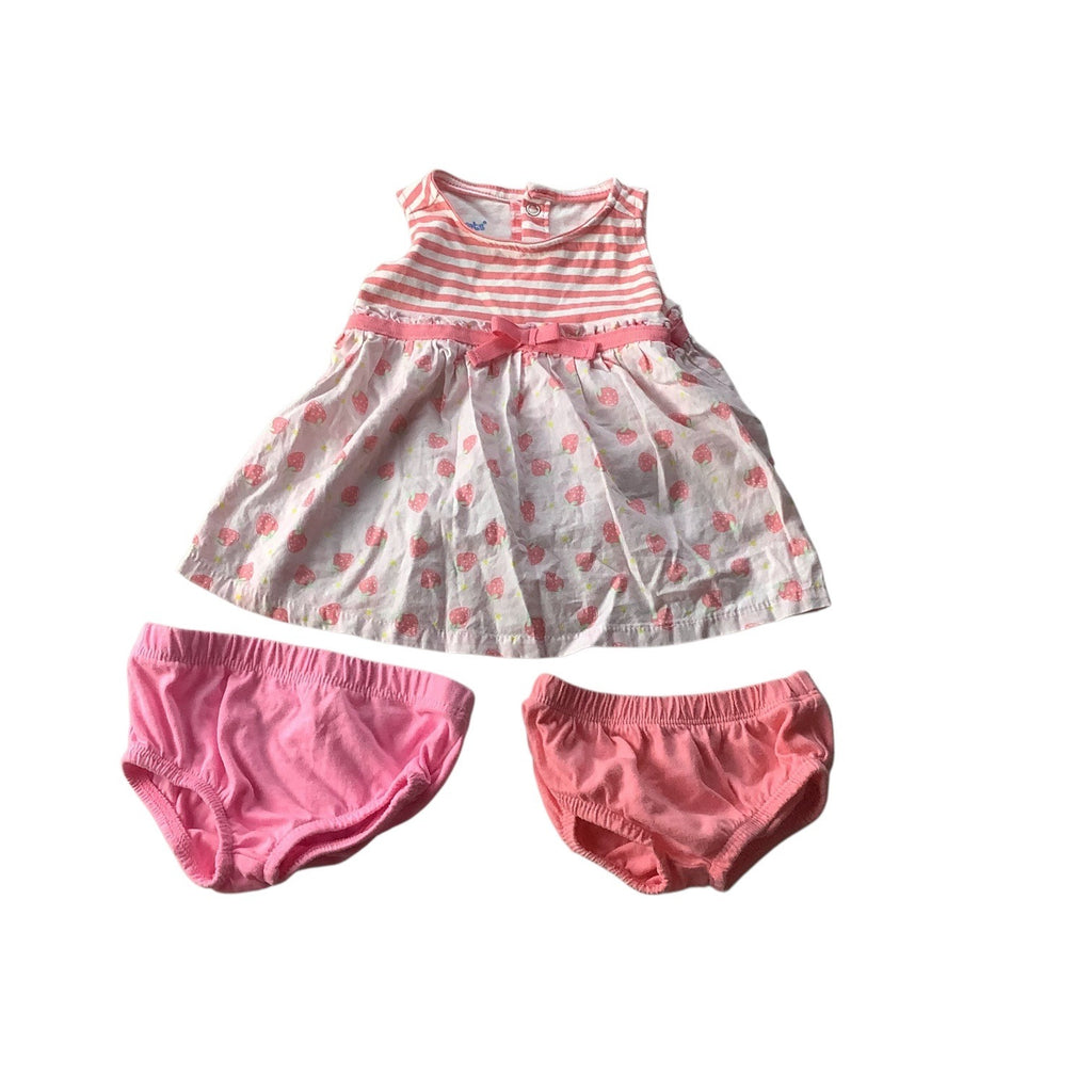 Kidgets Baby Girl 3pc Set Dress &  Bloomers Strawberry Print 0-3 Months