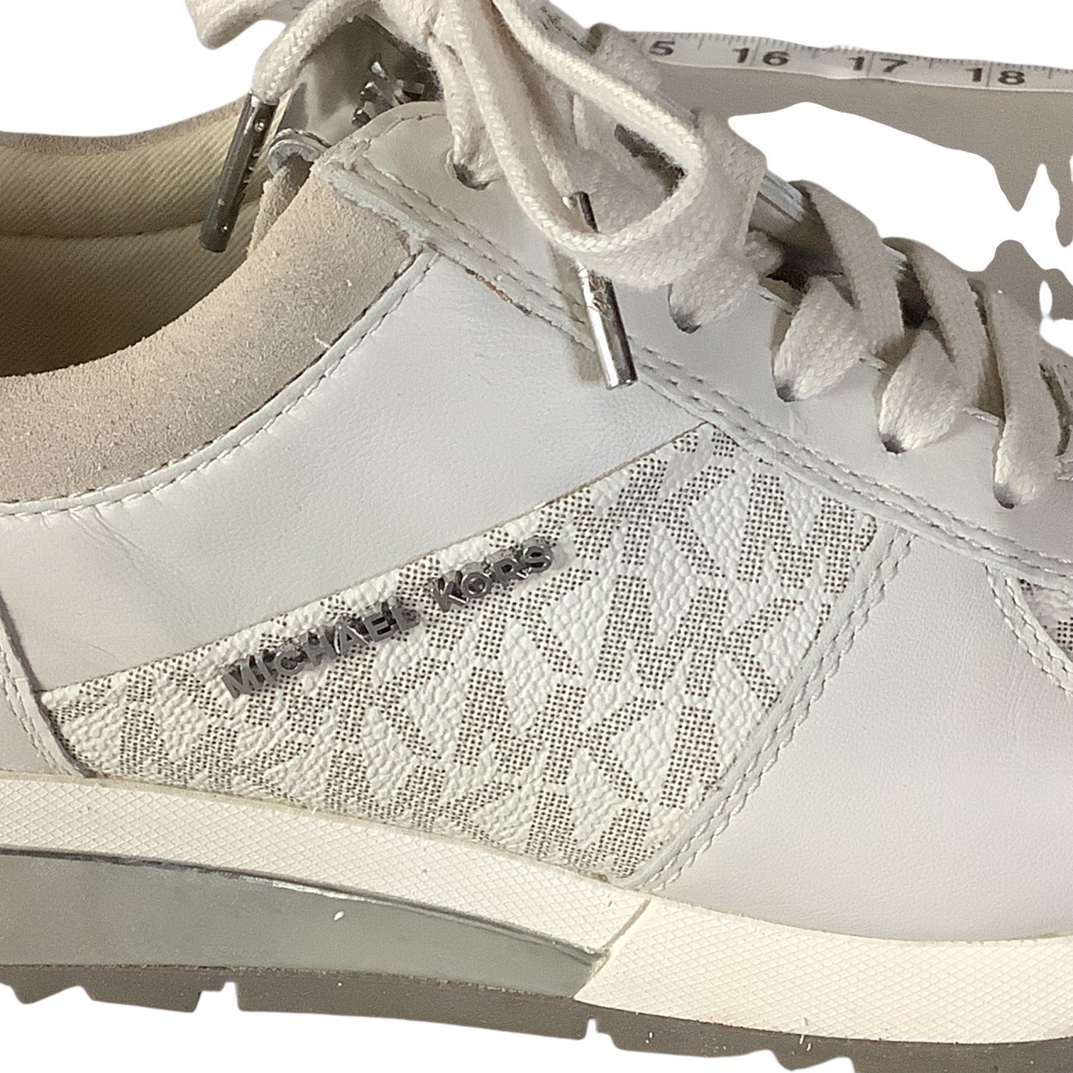 Michael Kors Womens Allie Lace Up Trainers 7M Beige & Metallic MK Monogram