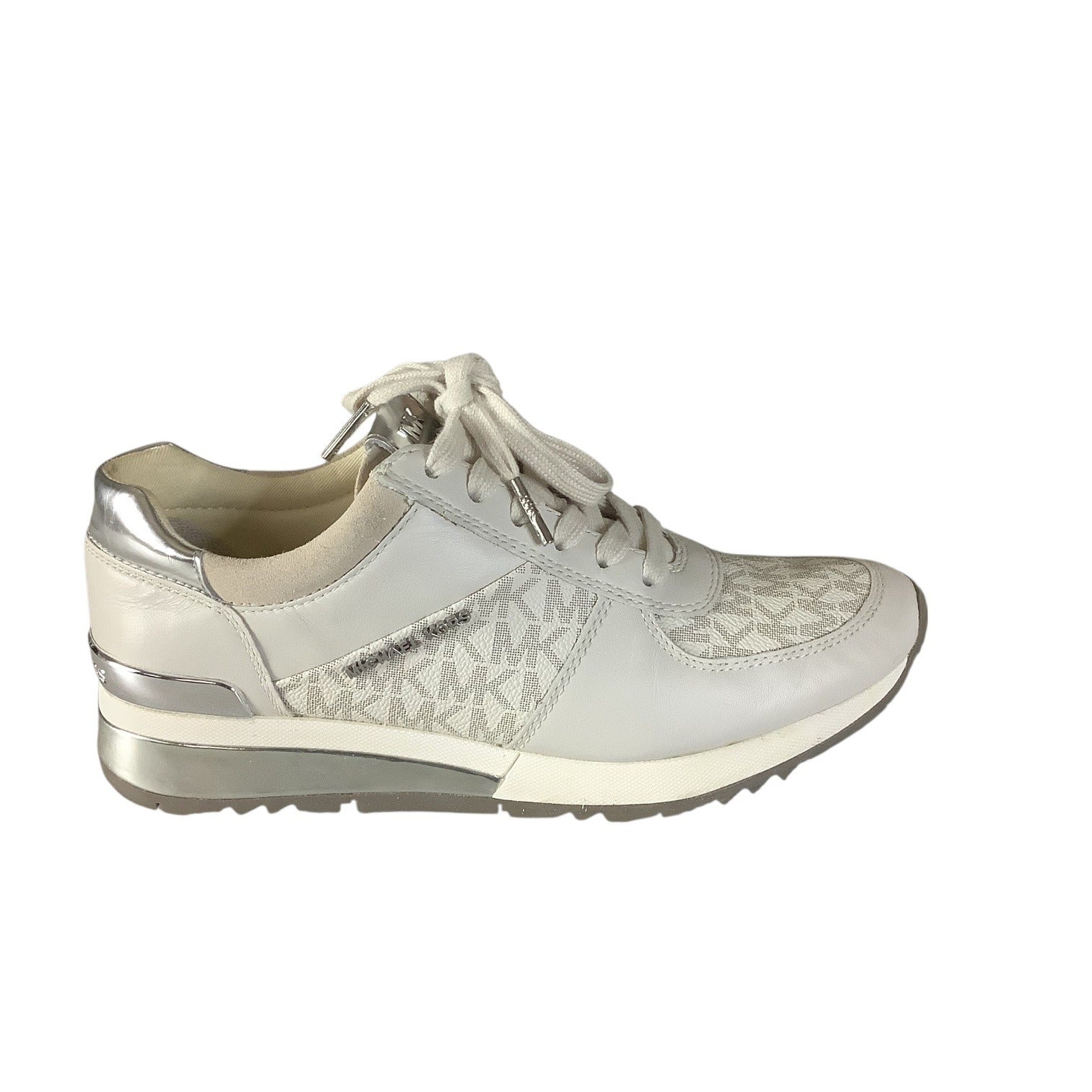 Michael Kors Womens Allie Lace Up Trainers 7M Beige & Metallic MK Monogram