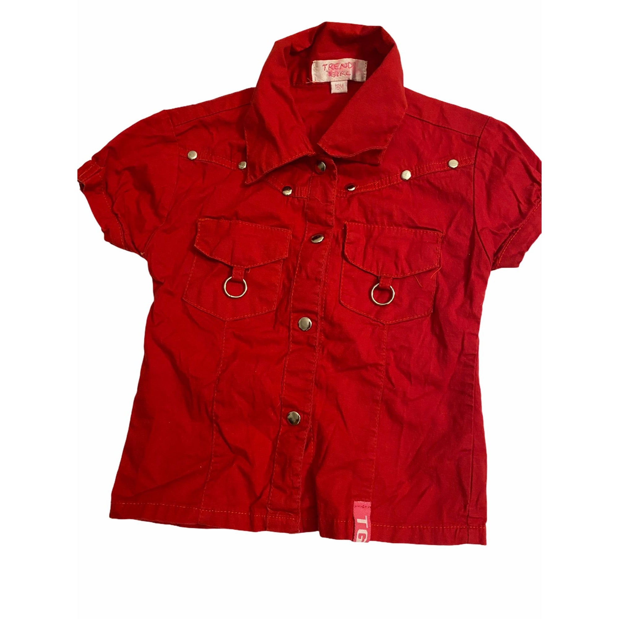 Trendy Girl Baby Girls Red Button Down Shirt 18M Short Sleeves Double Pocket Style