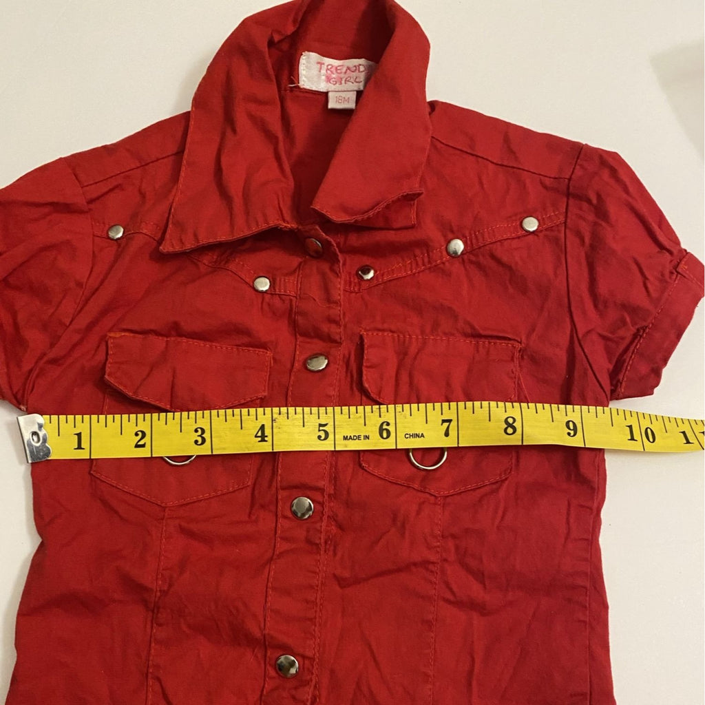 Trendy Girl Baby Girls Red Button Down Shirt 18M Short Sleeves Double Pocket Style