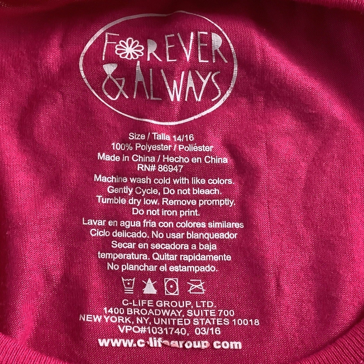 Forever & Always Girls Graphic Shirt Pink "2 Cute"  Size 14/16 100% Polyester