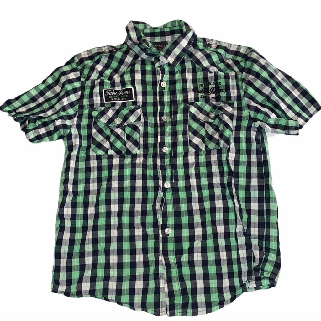 Fubu The Collection Boys Green Checkered Button Up Shirt Size 10 Cotton Casual