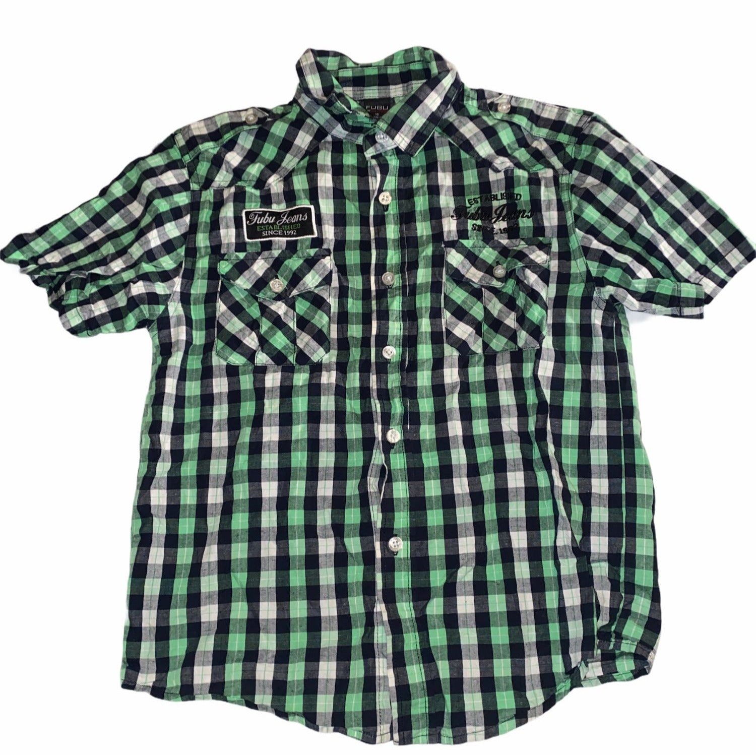Fubu The Collection Boys Green Checkered Button Up Shirt Size 10 Cotton Casual