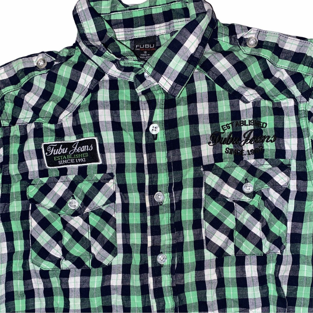 Fubu The Collection Boys Green Checkered Button Up Shirt Size 10 Cotton Casual