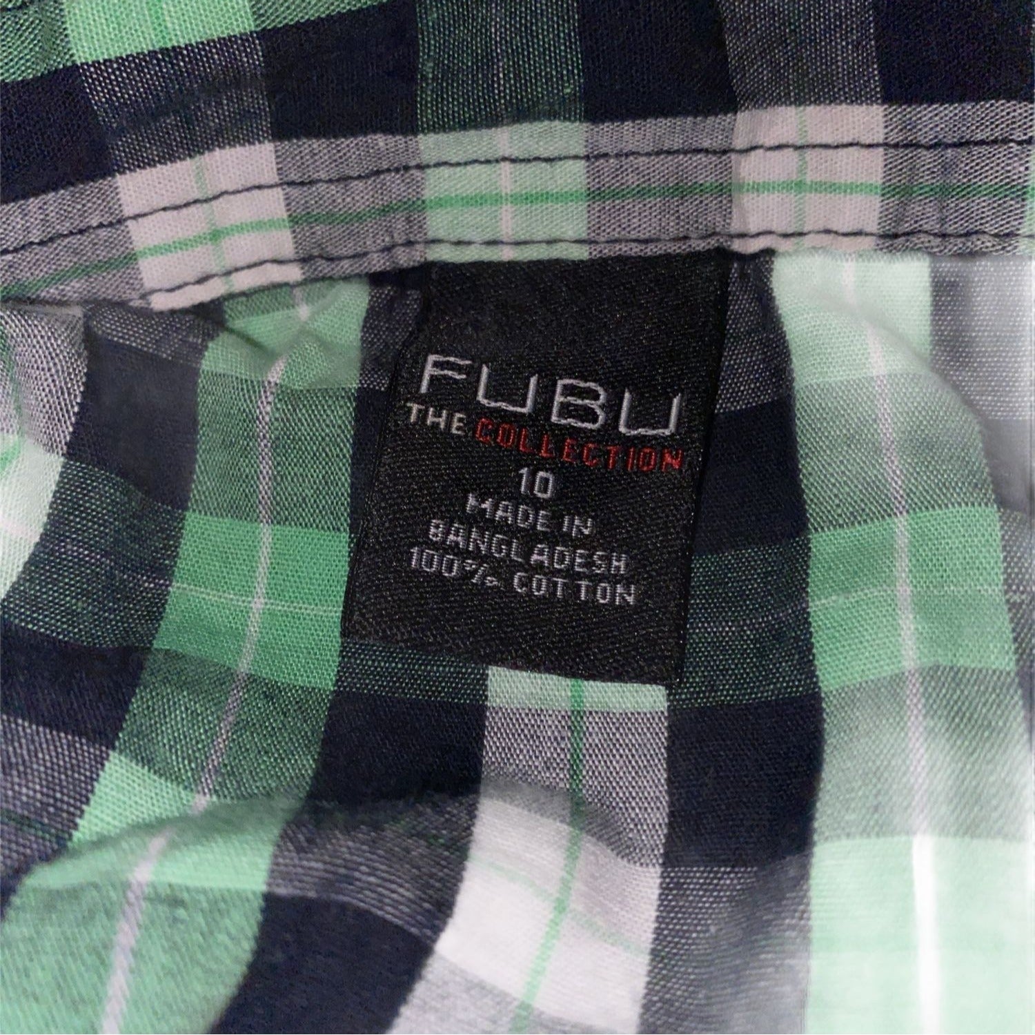Fubu The Collection Boys Green Checkered Button Up Shirt Size 10 Cotton Casual