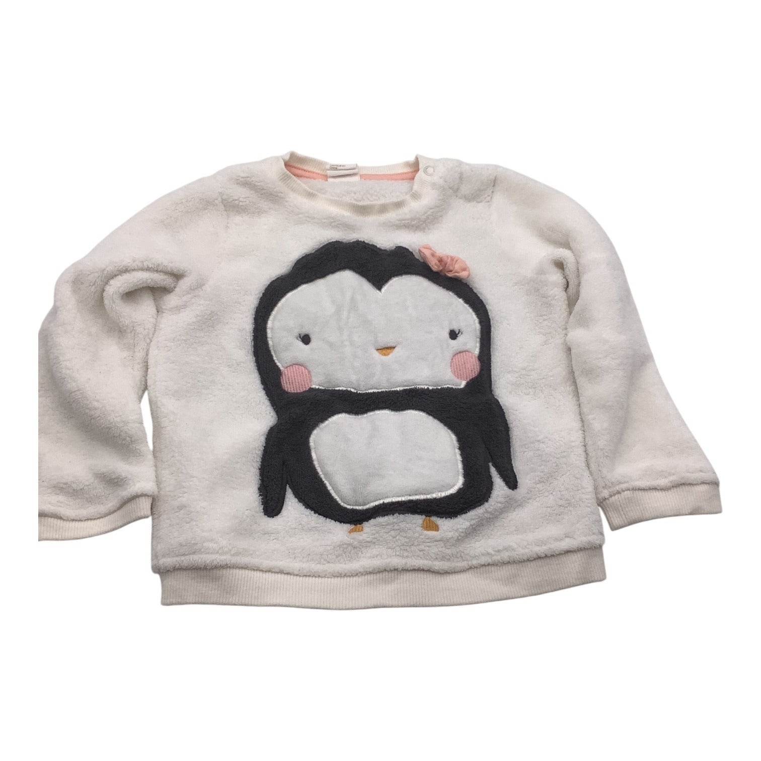 H&M Baby Girl Fleece Shirt White& Black Penguin Pink Bow Size 12-18M Soft & Warm
