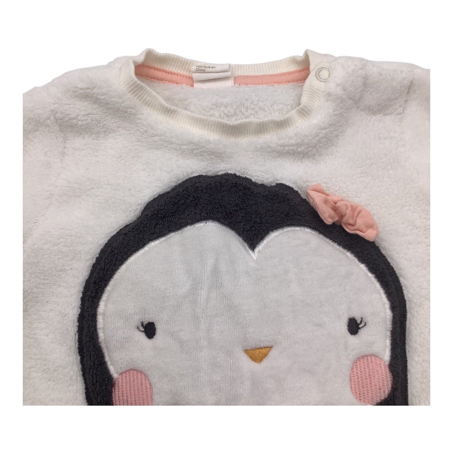 H&M Baby Girl Fleece Shirt White& Black Penguin Pink Bow Size 12-18M Soft & Warm