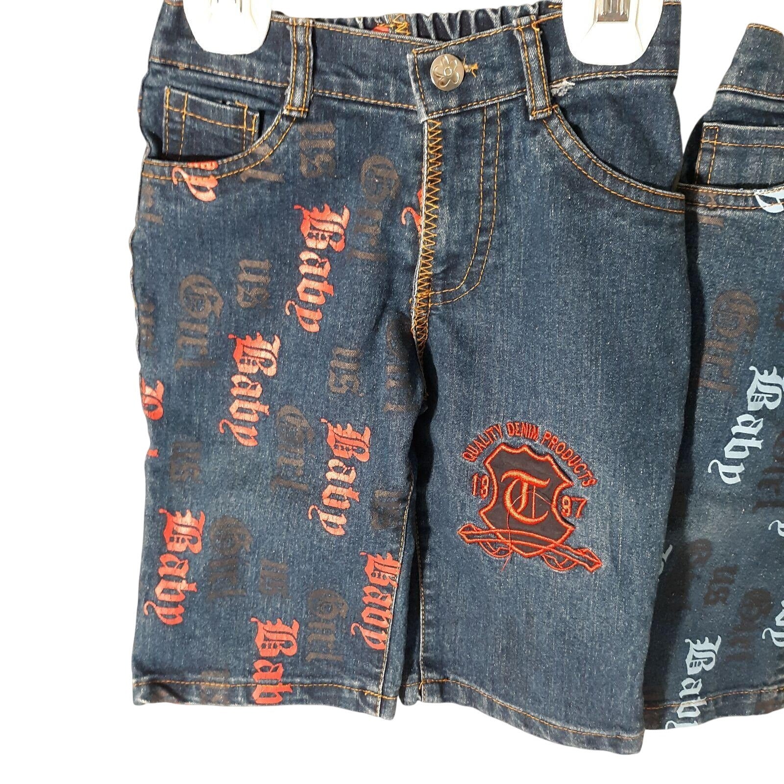 Trendy Baby Girl Denim Jeans Lot 18M Blue With Graphic Text & Embroidery Stylish