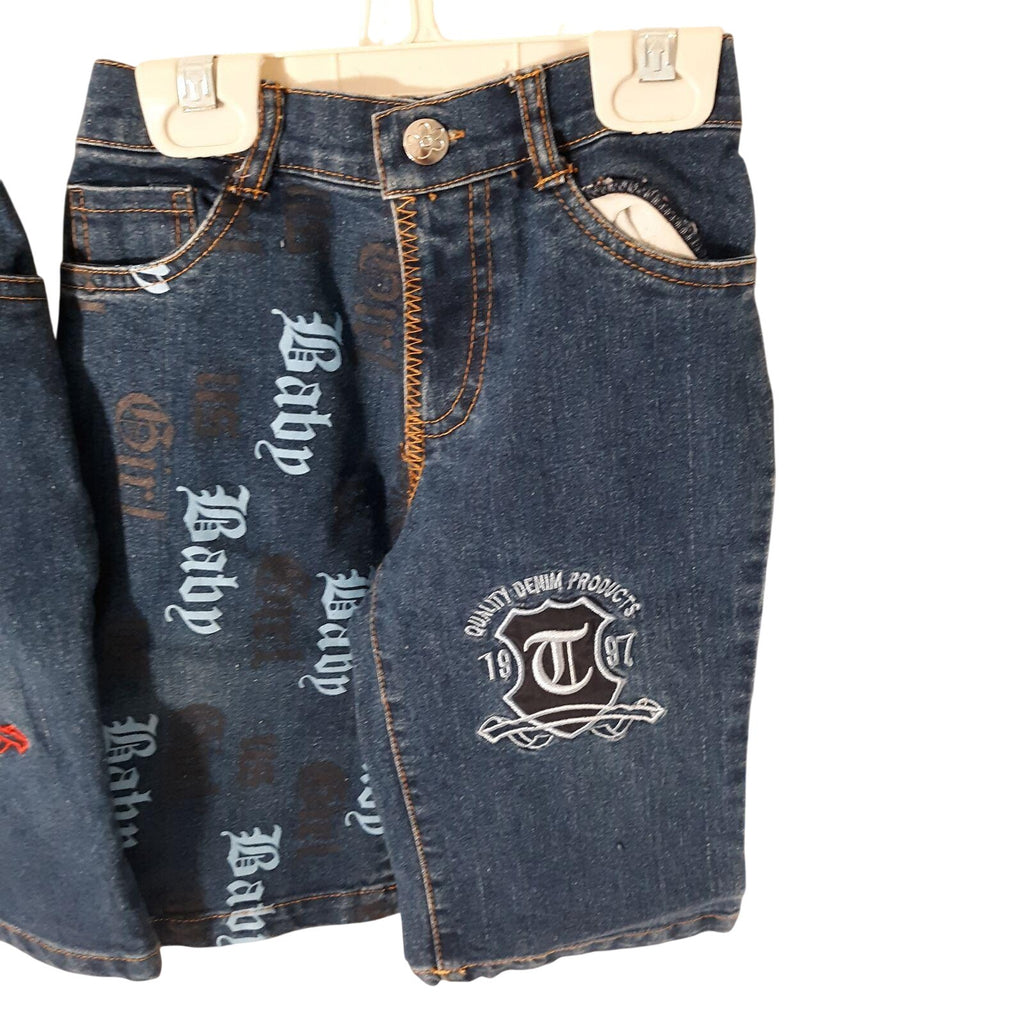 Trendy Baby Girl Denim Jeans Lot 18M Blue With Graphic Text & Embroidery Stylish