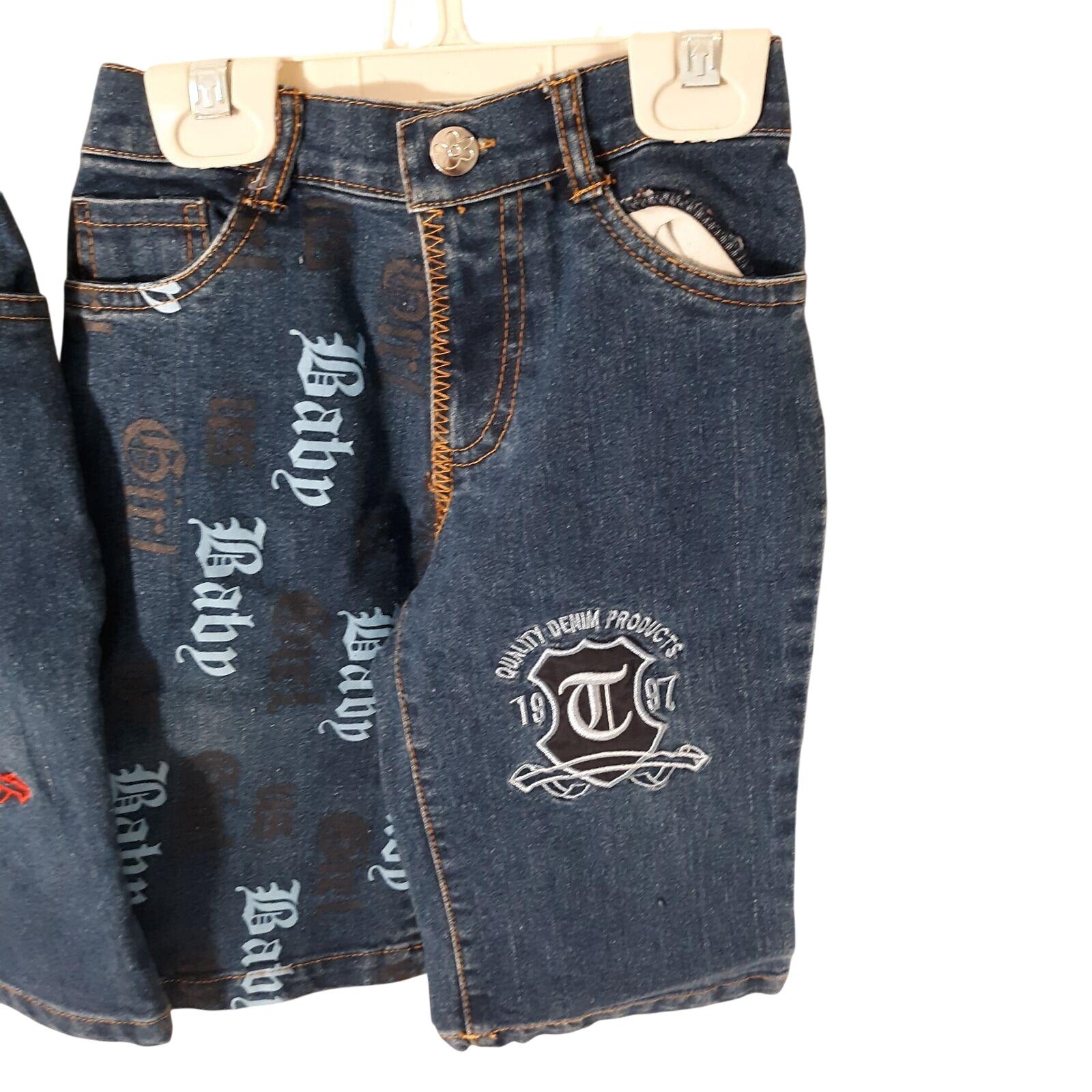 Trendy Baby Girl Denim Jeans Lot 18M Blue With Graphic Text & Embroidery Stylish