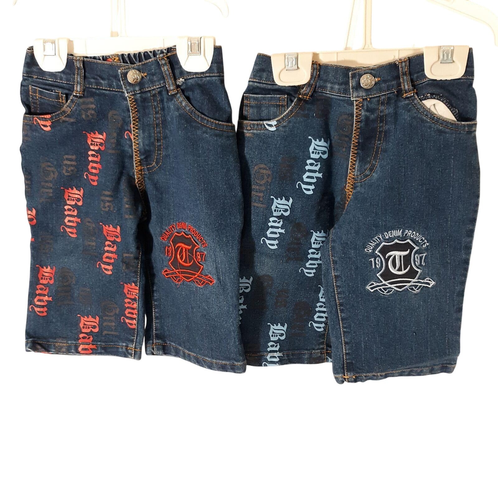 Trendy Baby Girl Denim Jeans Lot 18M Blue With Graphic Text & Embroidery Stylish