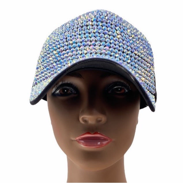 Women’s White Rhinestone Embellished Black Baseball Cap 100% Cotton Adjustable Fit