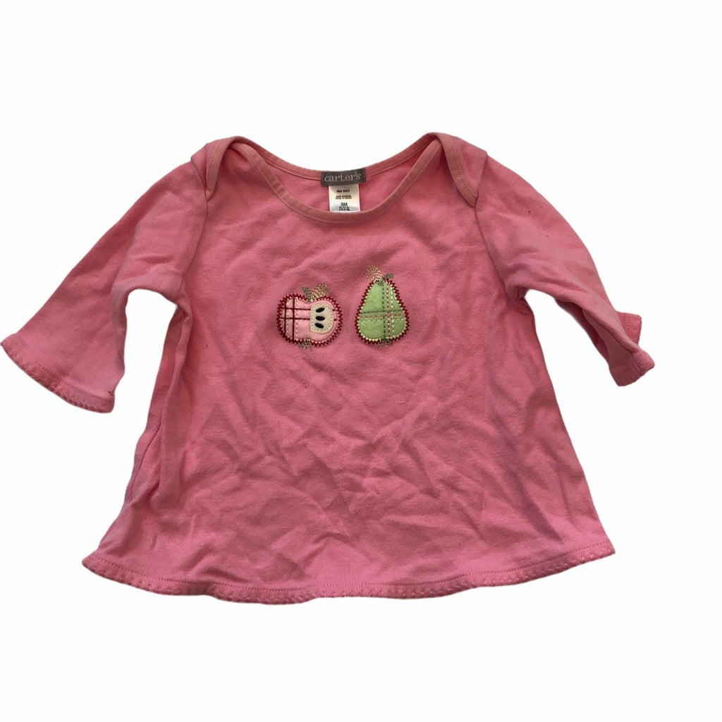 Carters 3M Pink Baby Girl Long-Sleeve Shirt Fruit Applique Cotton Top Lightweight