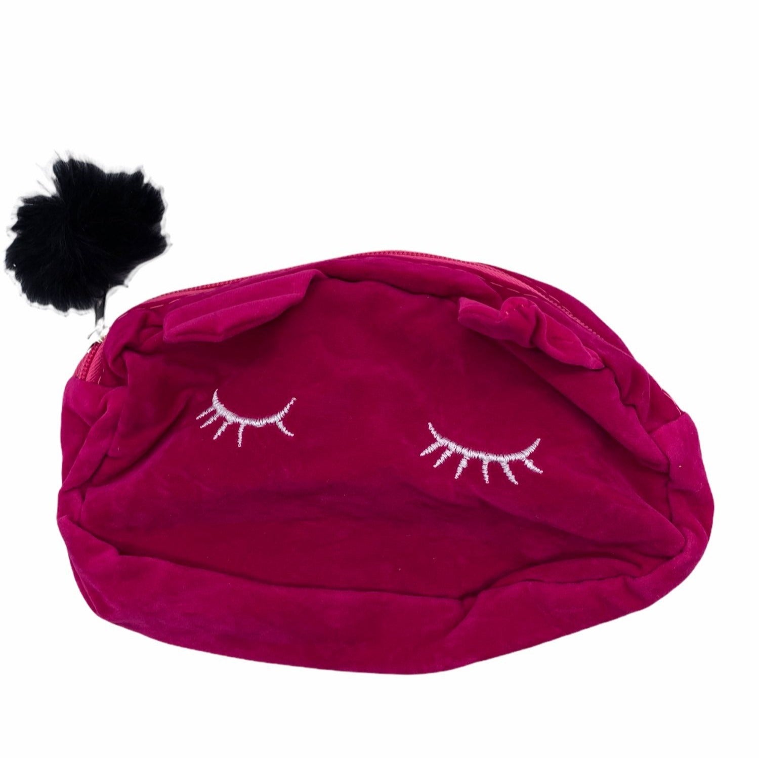 Pink Velvet Cosmetic Pouch With Embroidered Eyelash Design & Fluffy Pom Pom