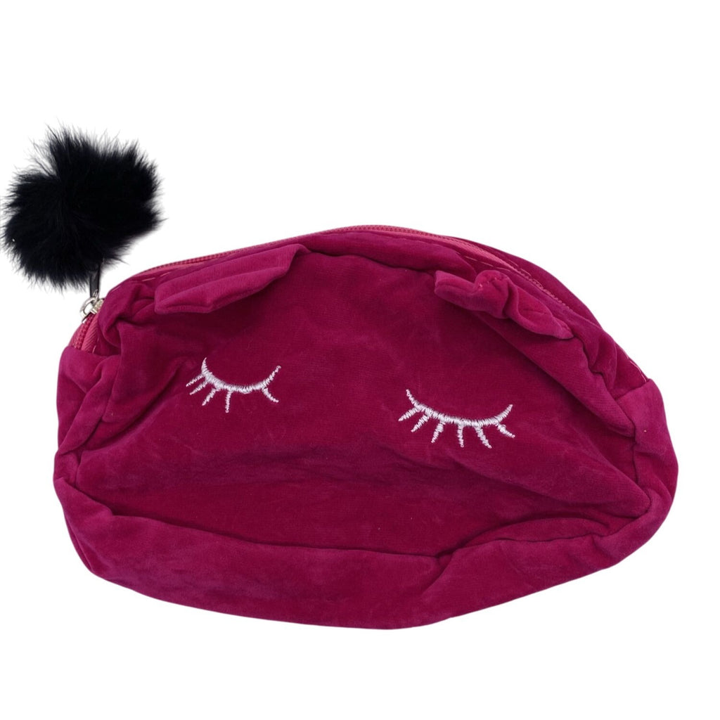 Pink Velvet Cosmetic Pouch With Embroidered Eyelash Design & Fluffy Pom Pom