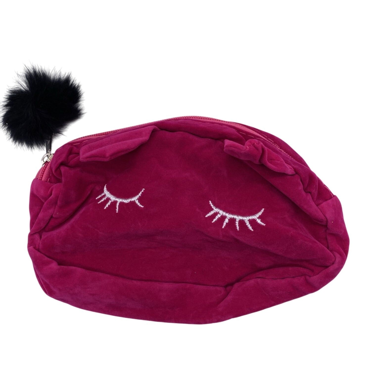 Pink Velvet Cosmetic Pouch With Embroidered Eyelash Design & Fluffy Pom Pom