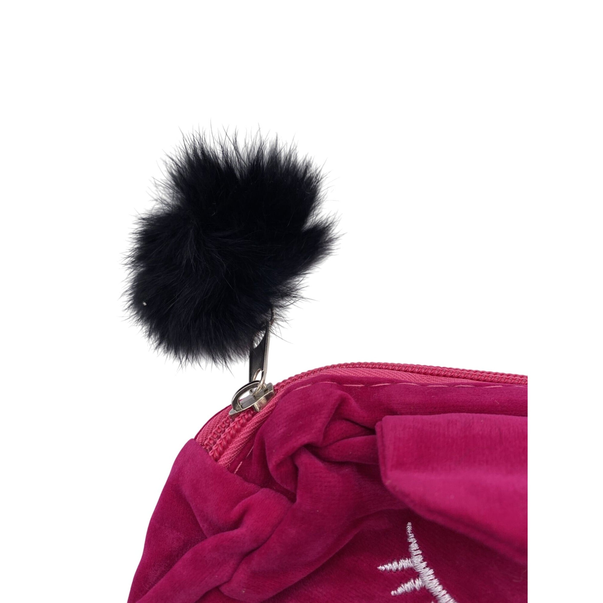 Pink Velvet Cosmetic Pouch With Embroidered Eyelash Design & Fluffy Pom Pom