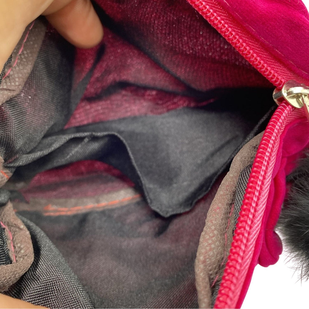 Pink Velvet Cosmetic Pouch With Embroidered Eyelash Design & Fluffy Pom Pom