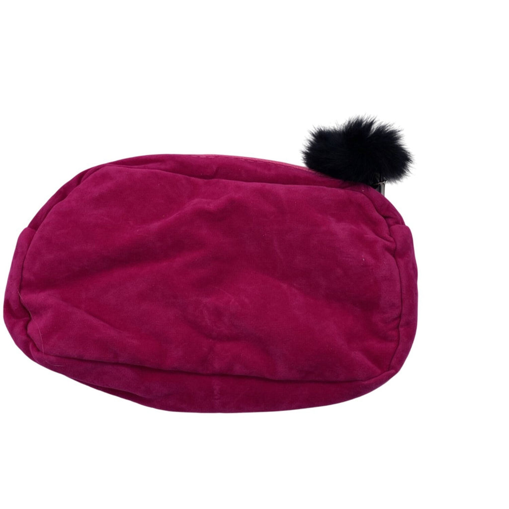 Pink Velvet Cosmetic Pouch With Embroidered Eyelash Design & Fluffy Pom Pom