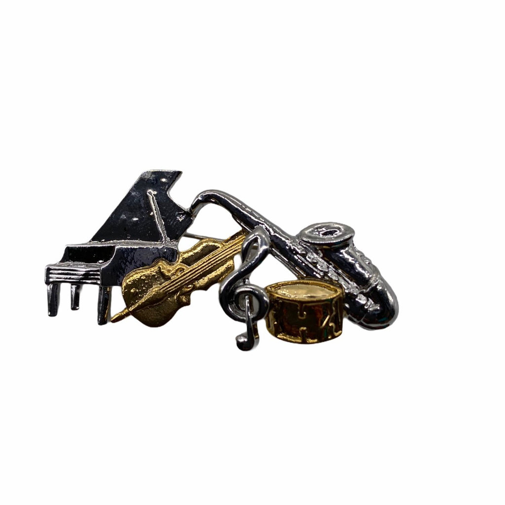 Classic Music Notes Pin With Piano Saxophone & Drum Charms Silver/Gold Unisex
