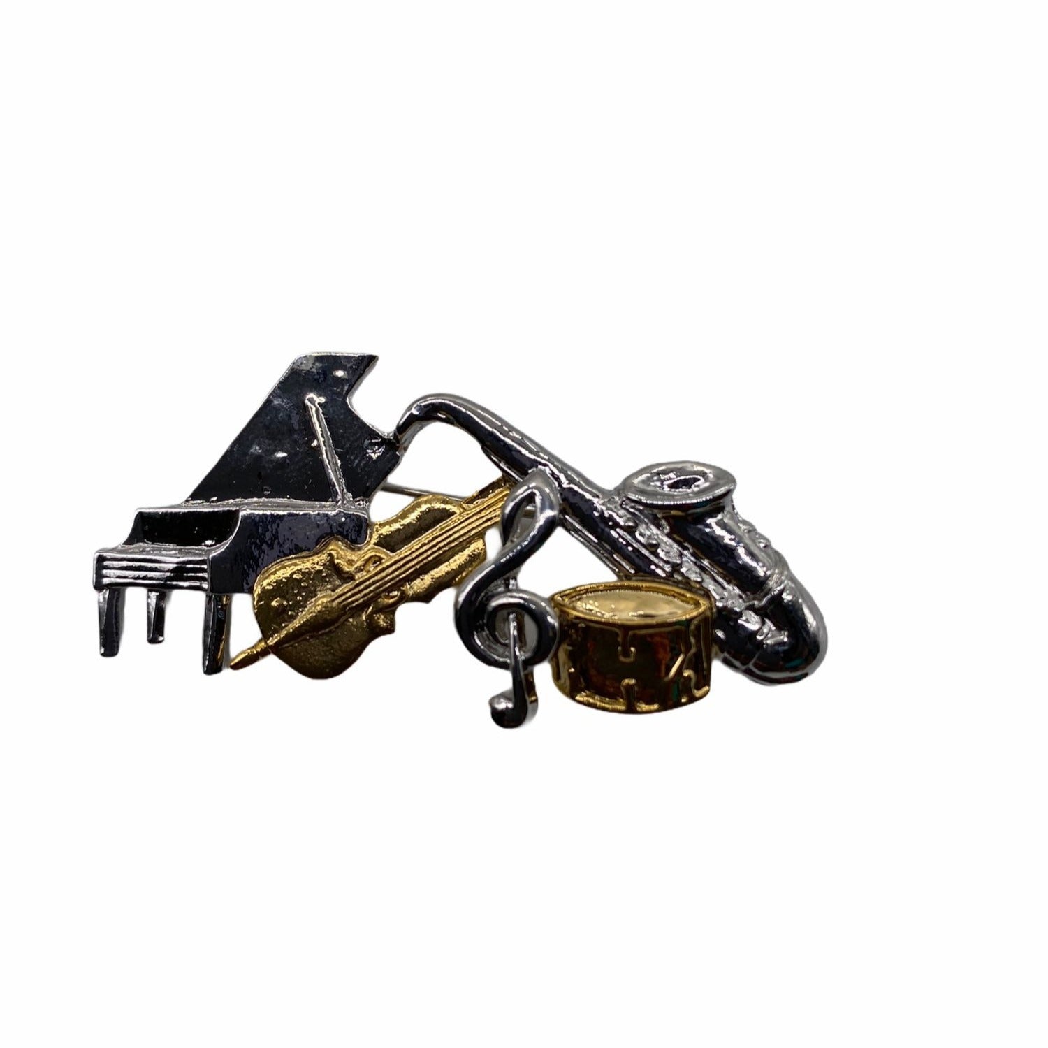 Classic Music Notes Pin With Piano Saxophone & Drum Charms Silver/Gold Unisex