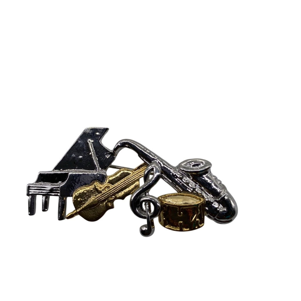 Classic Music Notes Pin With Piano Saxophone & Drum Charms Silver/Gold Unisex