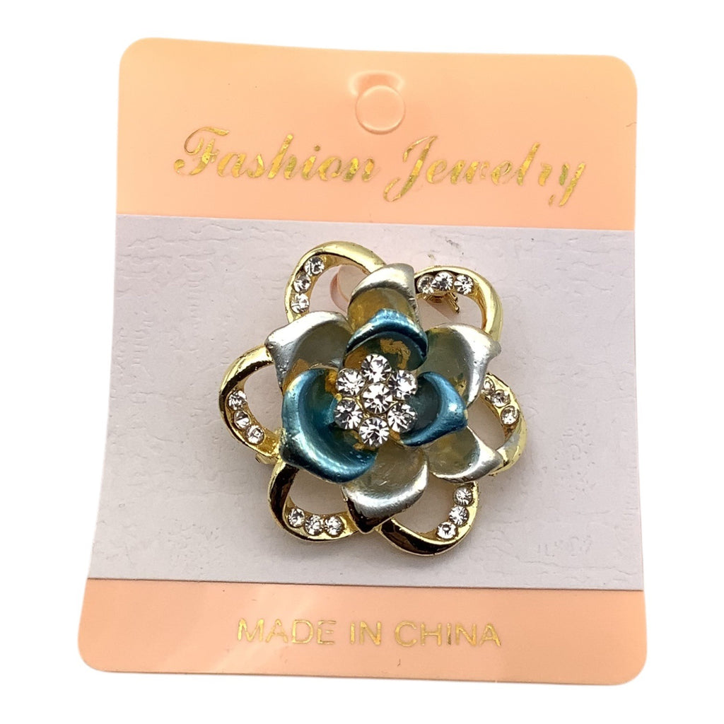 Blooming Rose Flower Crystal Brooch Pin W/ Gold Tone Accents & Rhinestone Details