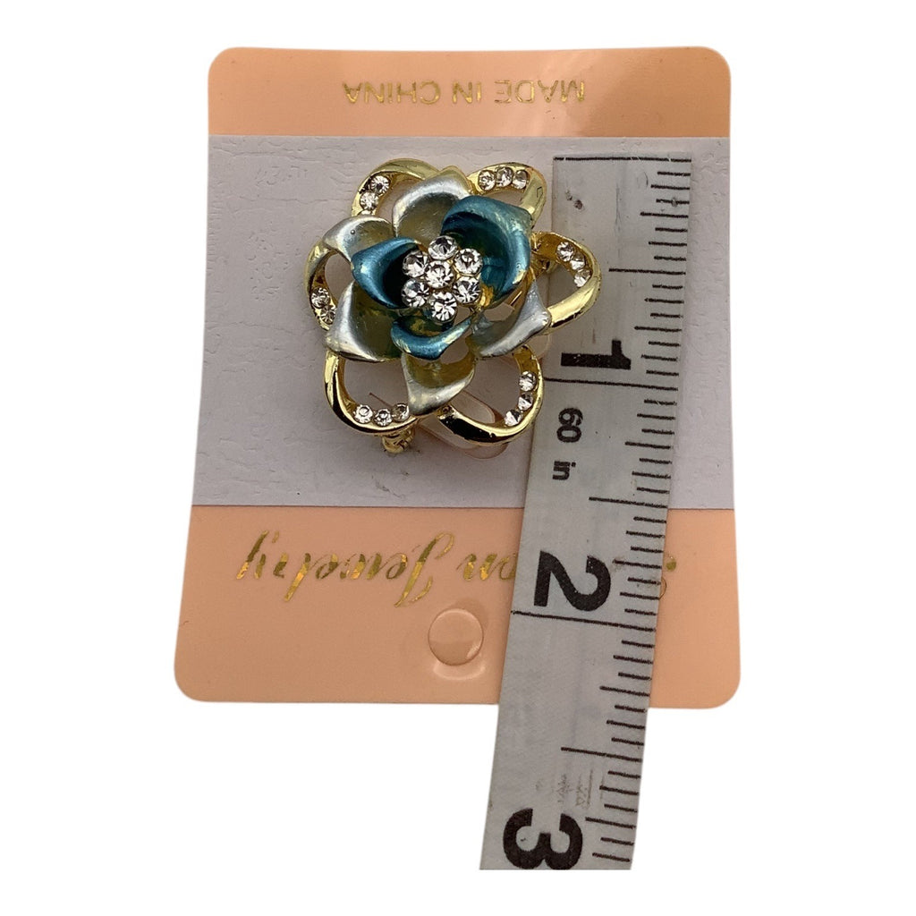 Blooming Rose Flower Crystal Brooch Pin W/ Gold Tone Accents & Rhinestone Details