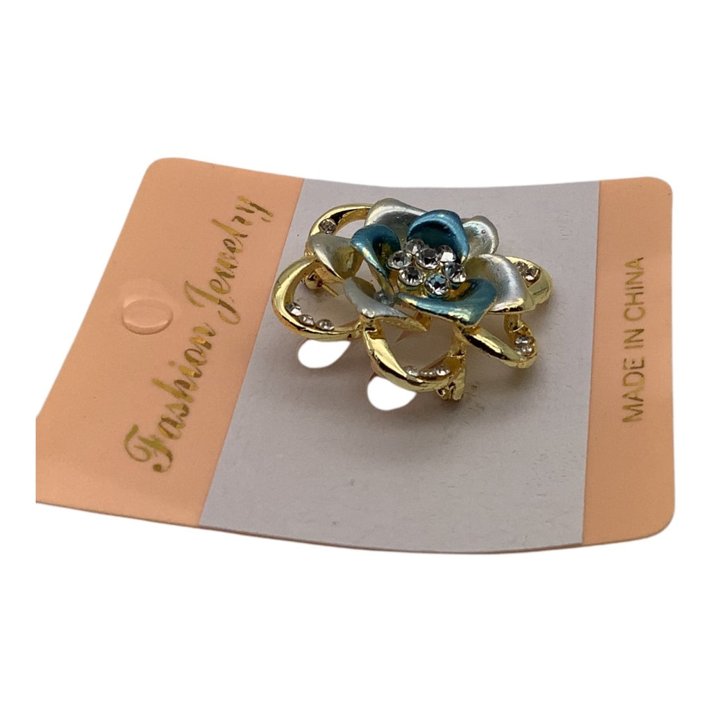 Blooming Rose Flower Crystal Brooch Pin W/ Gold Tone Accents & Rhinestone Details