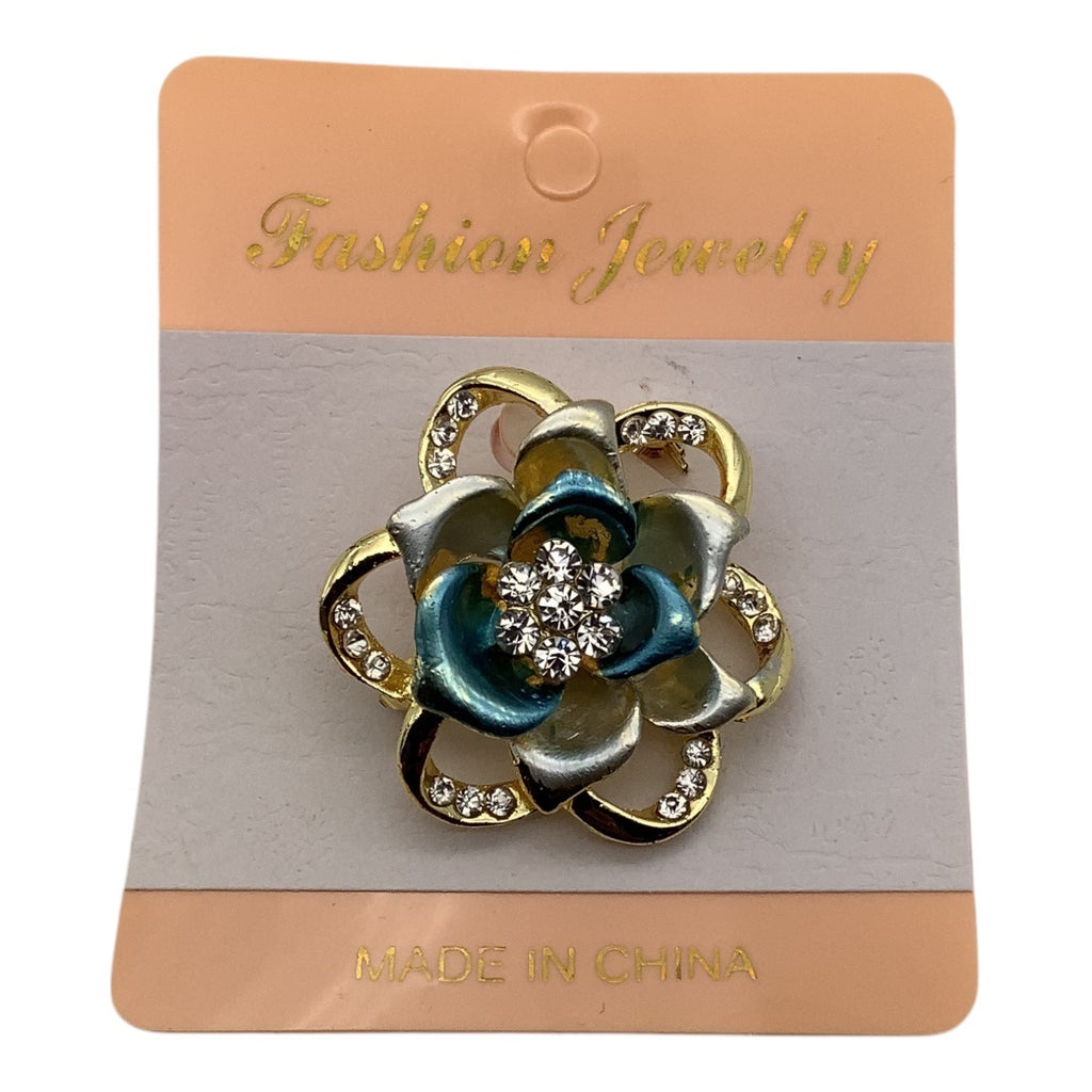Blooming Rose Flower Crystal Brooch Pin W/ Gold Tone Accents & Rhinestone Details