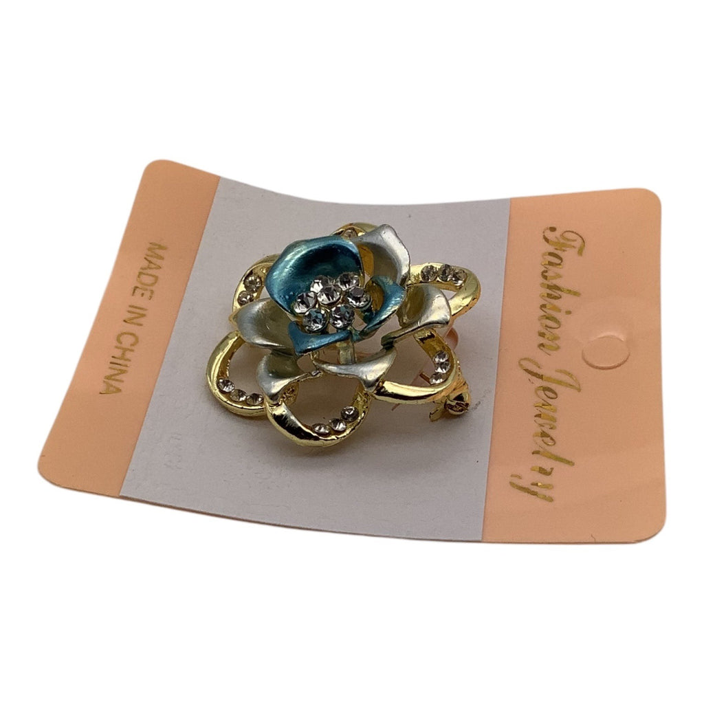 Blooming Rose Flower Crystal Brooch Pin W/ Gold Tone Accents & Rhinestone Details