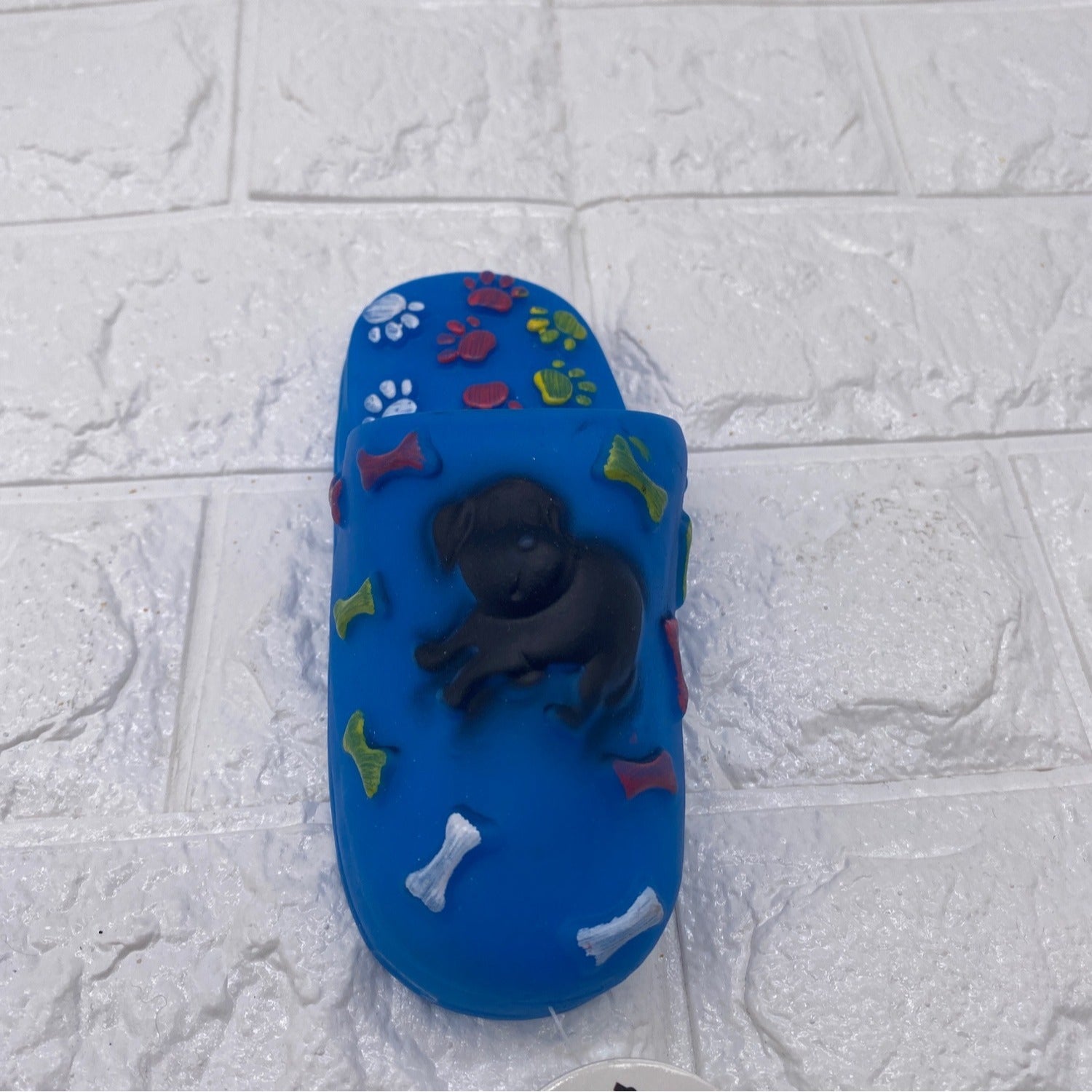 Paw Shoe Squeaky Dog Toy By Viva.Z Blue Rubber Design With Bone & Paw Motifs