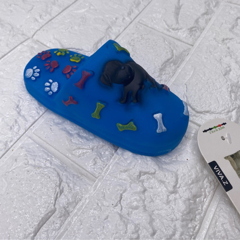 Paw Shoe Squeaky Dog Toy By Viva.Z Blue Rubber Design With Bone & Paw Motifs