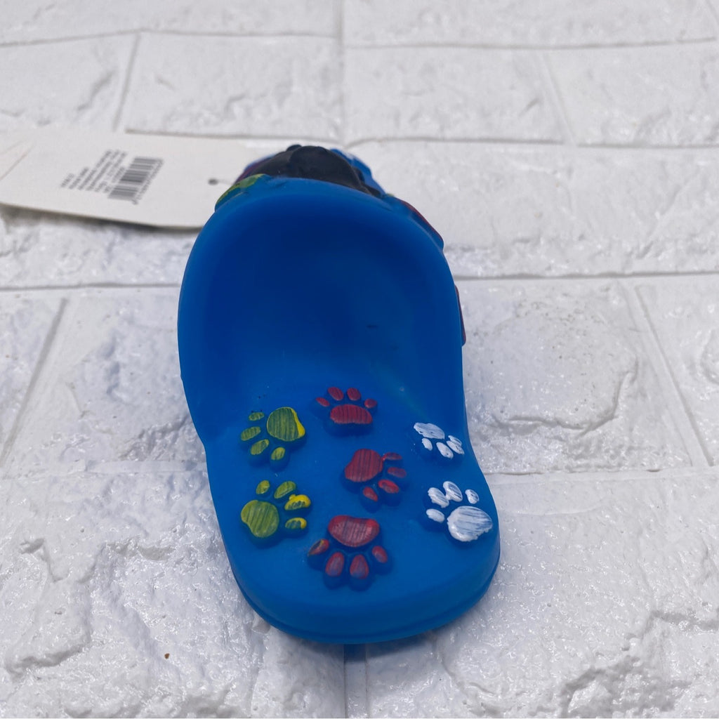 Paw Shoe Squeaky Dog Toy By Viva.Z Blue Rubber Design With Bone & Paw Motifs