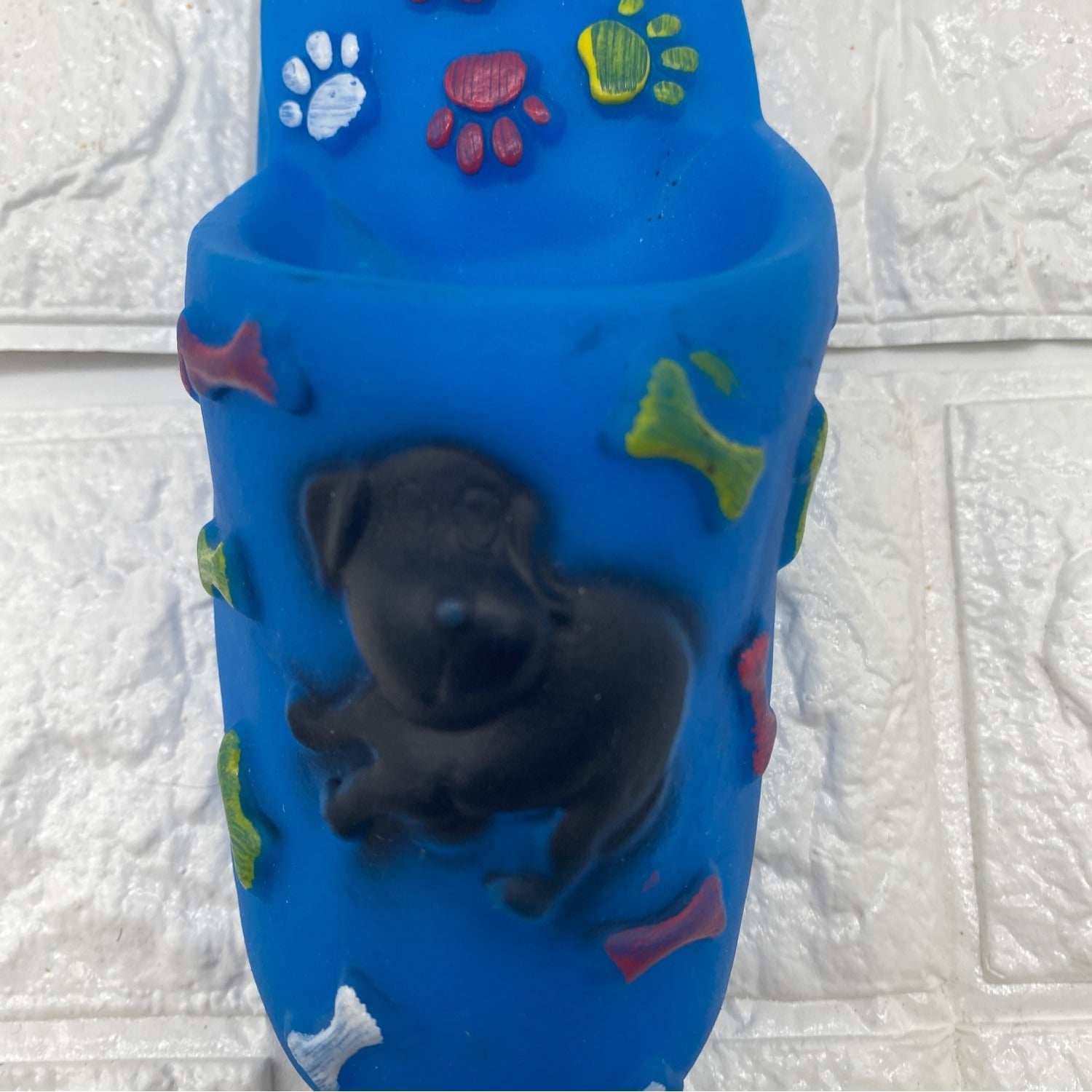 Paw Shoe Squeaky Dog Toy By Viva.Z Blue Rubber Design With Bone & Paw Motifs