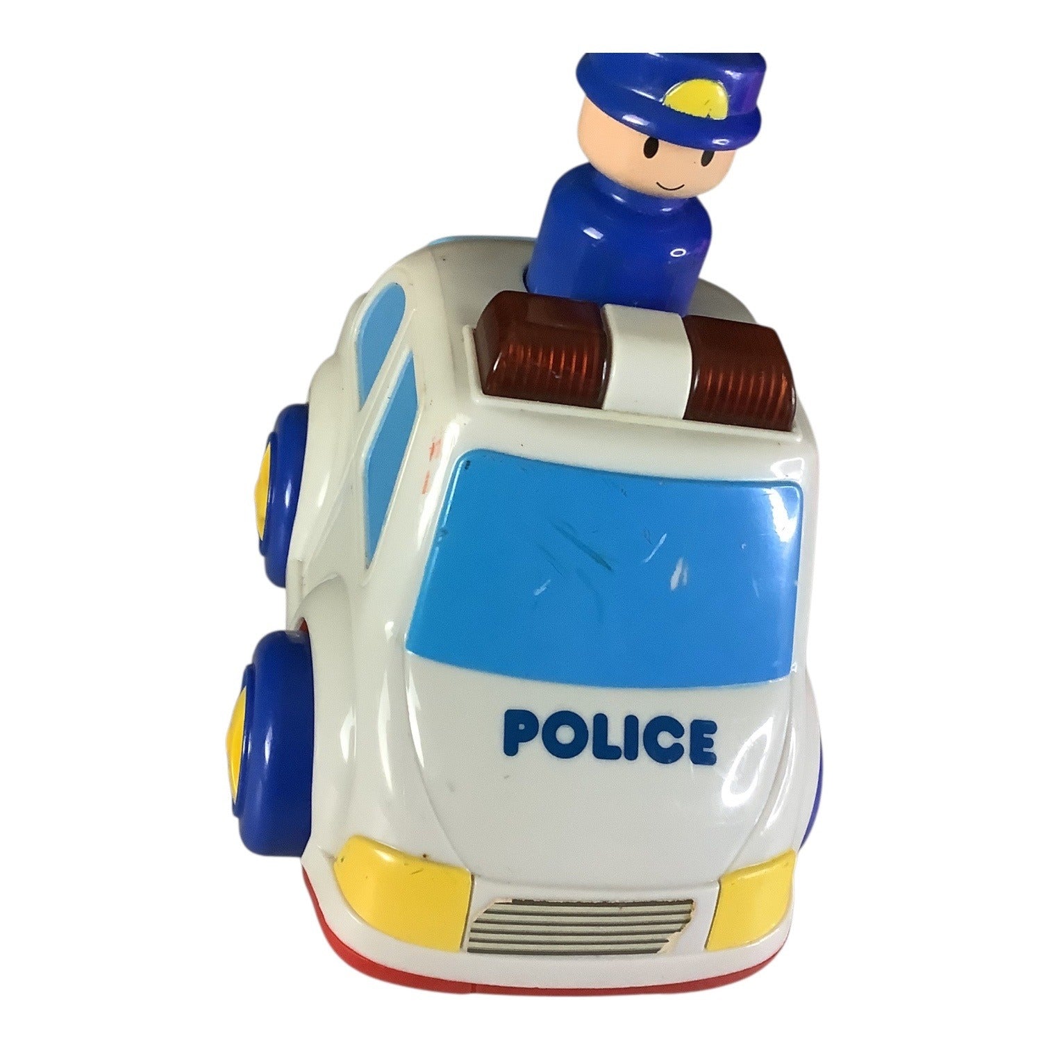 Vintage Megcos Press N Go Emergency Toy Car Blue Yellow Wheels