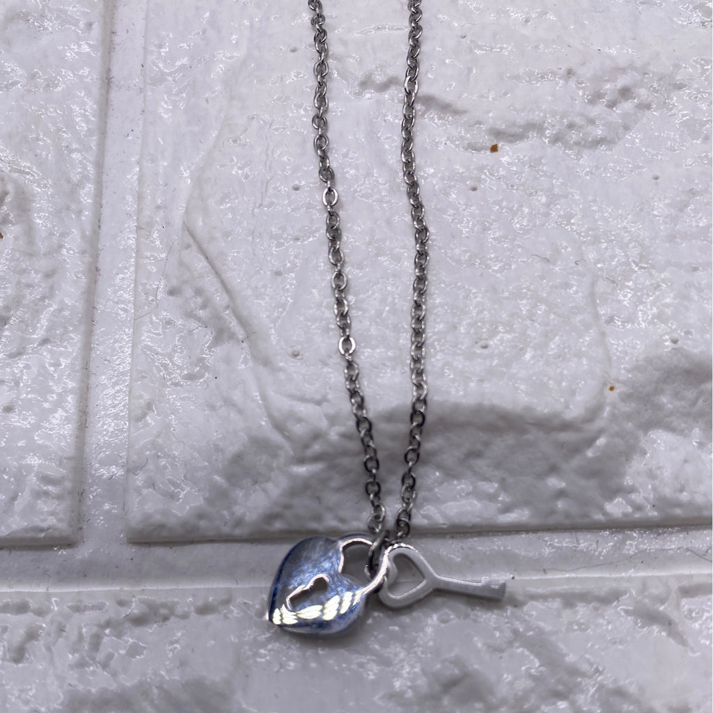 Mini Heart & Lock Necklace Titanium Steel Chain Adjustable Silver Tone