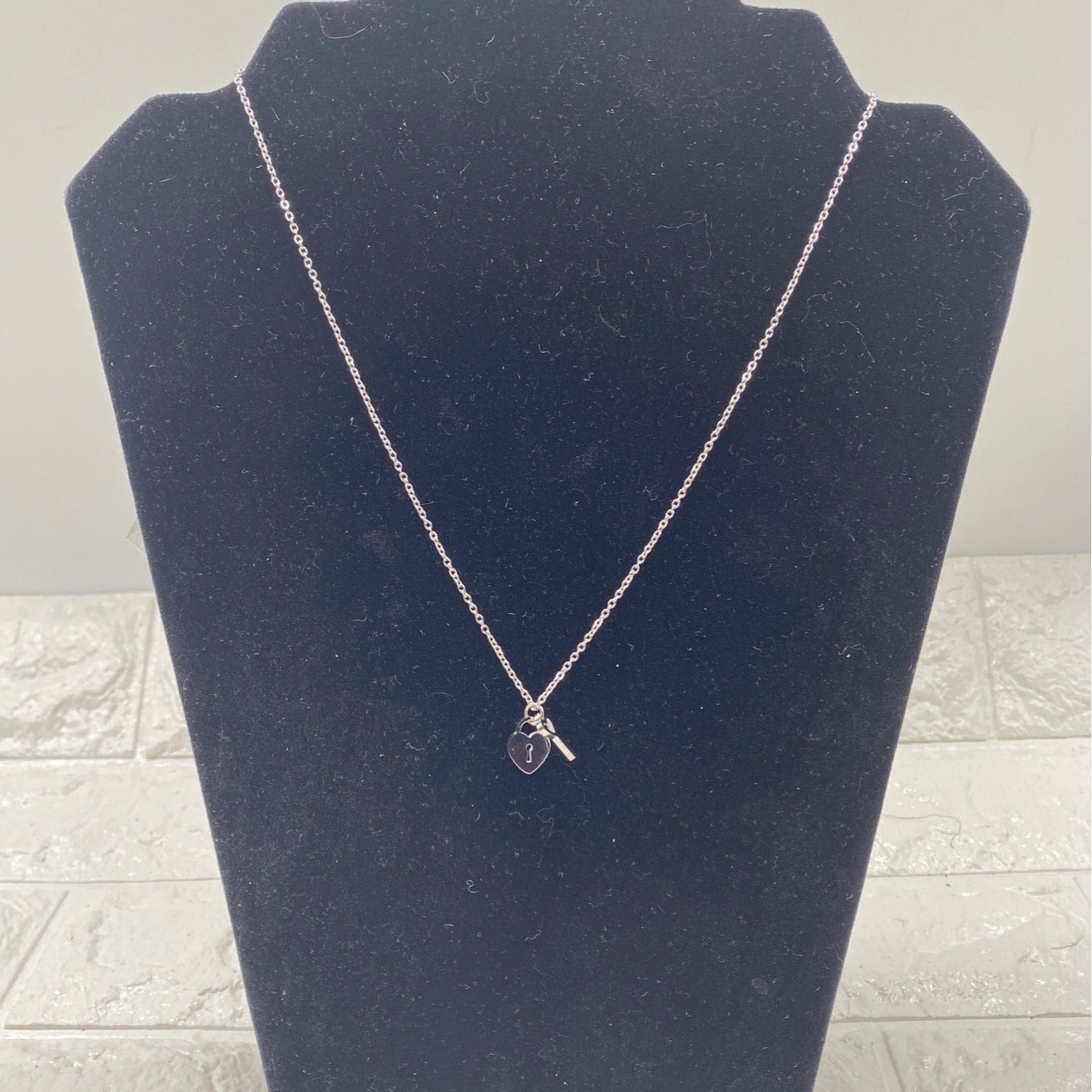 Mini Heart & Lock Necklace Titanium Steel Chain Adjustable Silver Tone