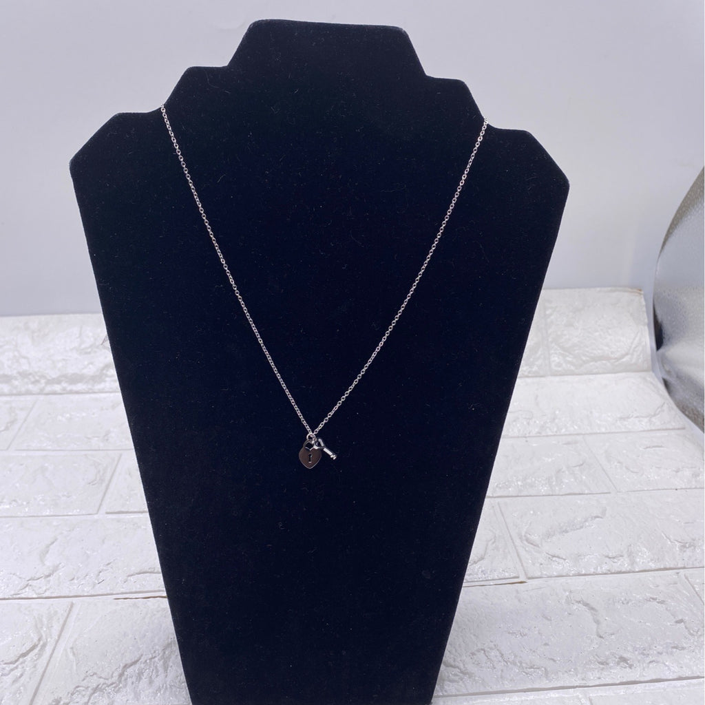 Mini Heart & Lock Necklace Titanium Steel Chain Adjustable Silver Tone