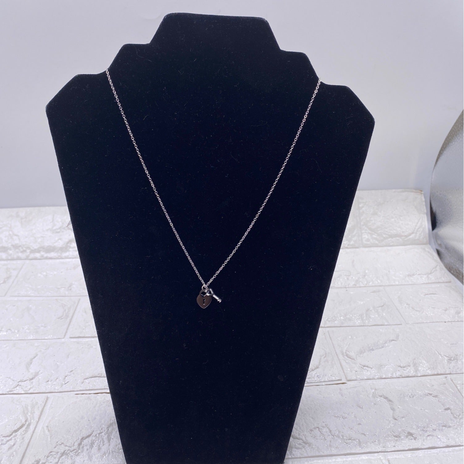 Mini Heart & Lock Necklace Titanium Steel Chain Adjustable Silver Tone