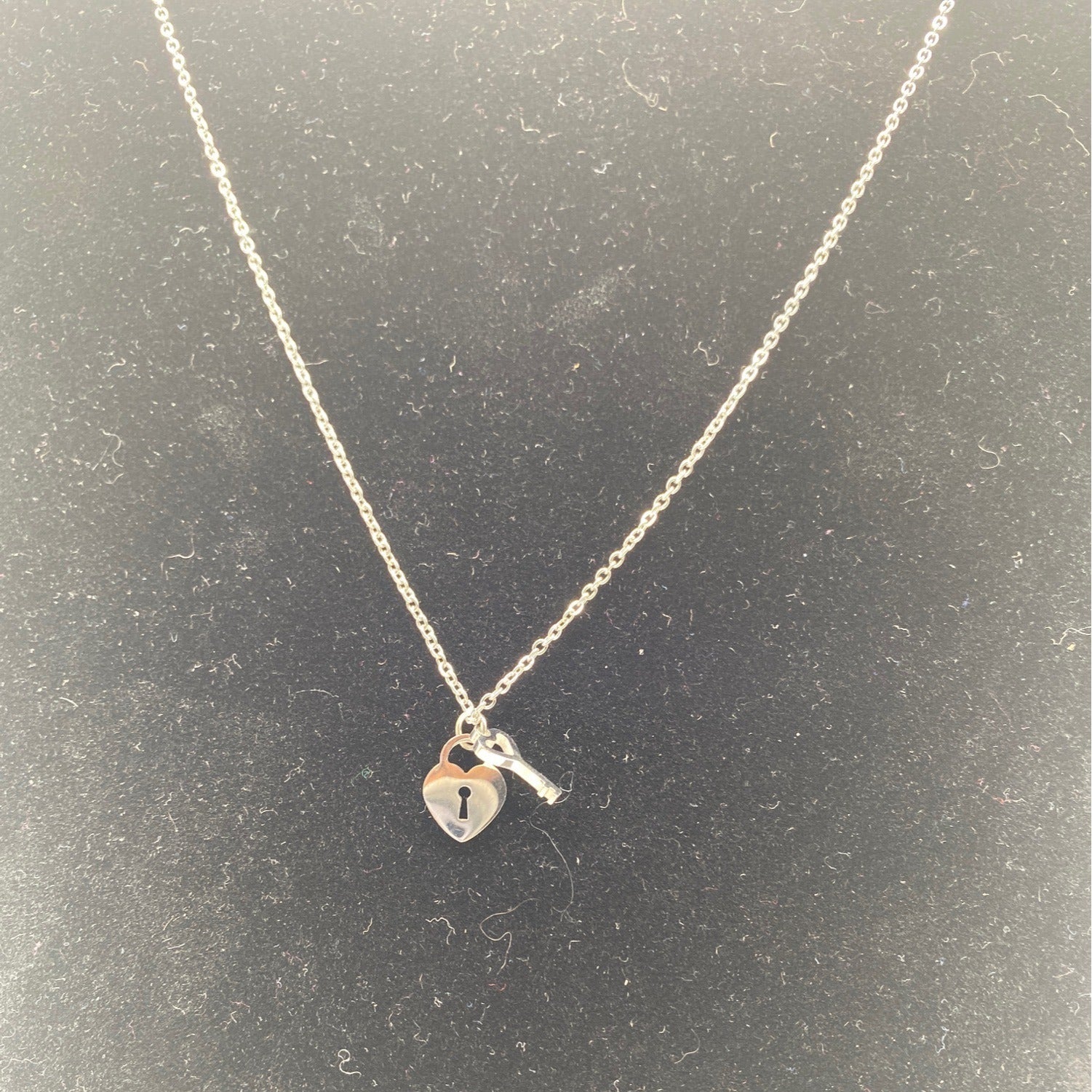 Mini Heart & Lock Necklace Titanium Steel Chain Adjustable Silver Tone