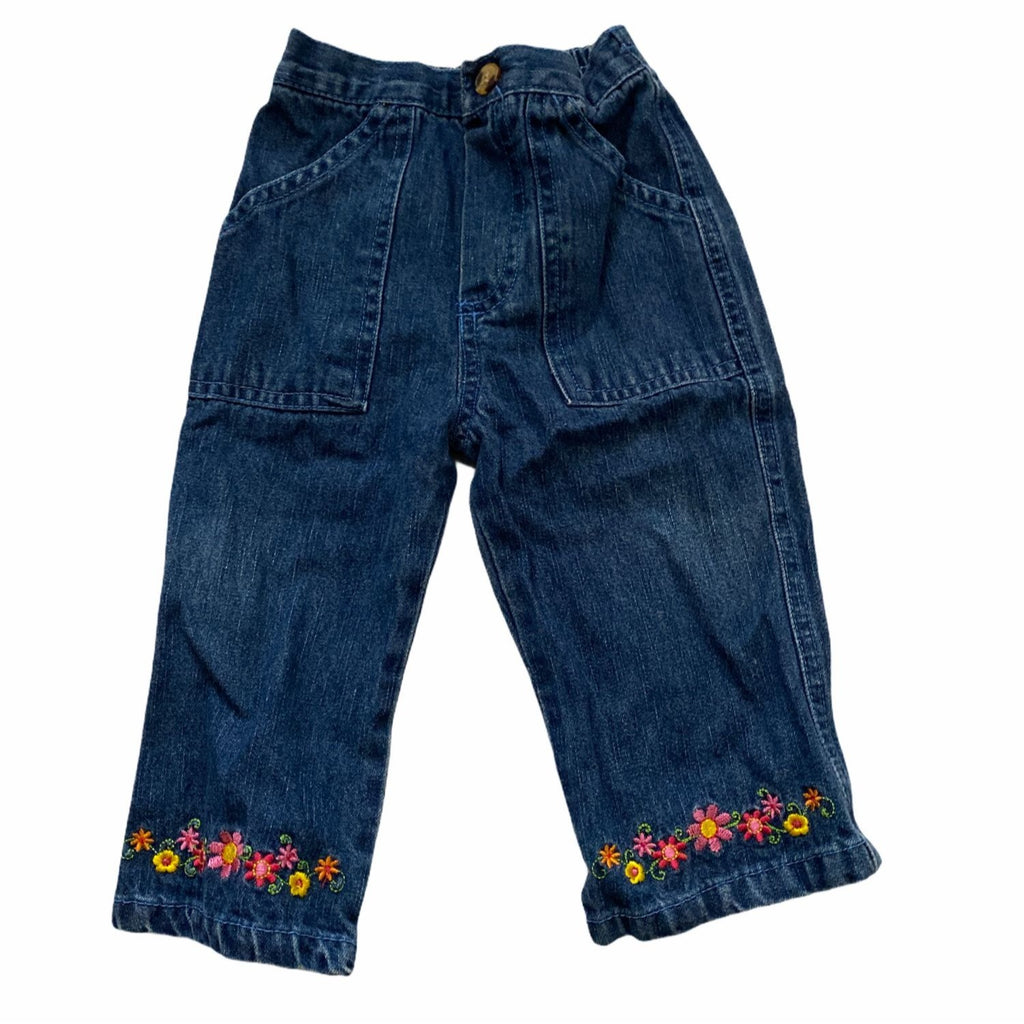 Baby Girl Denim Jeans Size 12 M Embroidered Floral Hem Elastic Waistband Blue