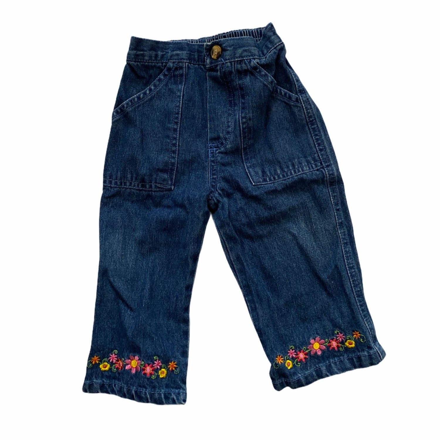 Baby Girl Denim Jeans Size 12 M Embroidered Floral Hem Elastic Waistband Blue