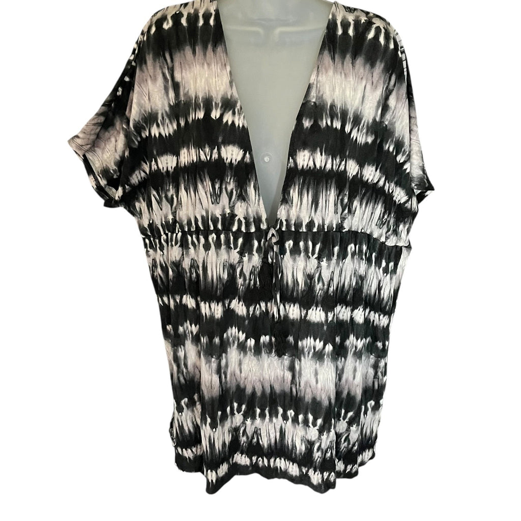 Joe Boxer Womens Tie Dye Camisole Blouse Size 1X/2X Black & Gray V-Neck Tassels