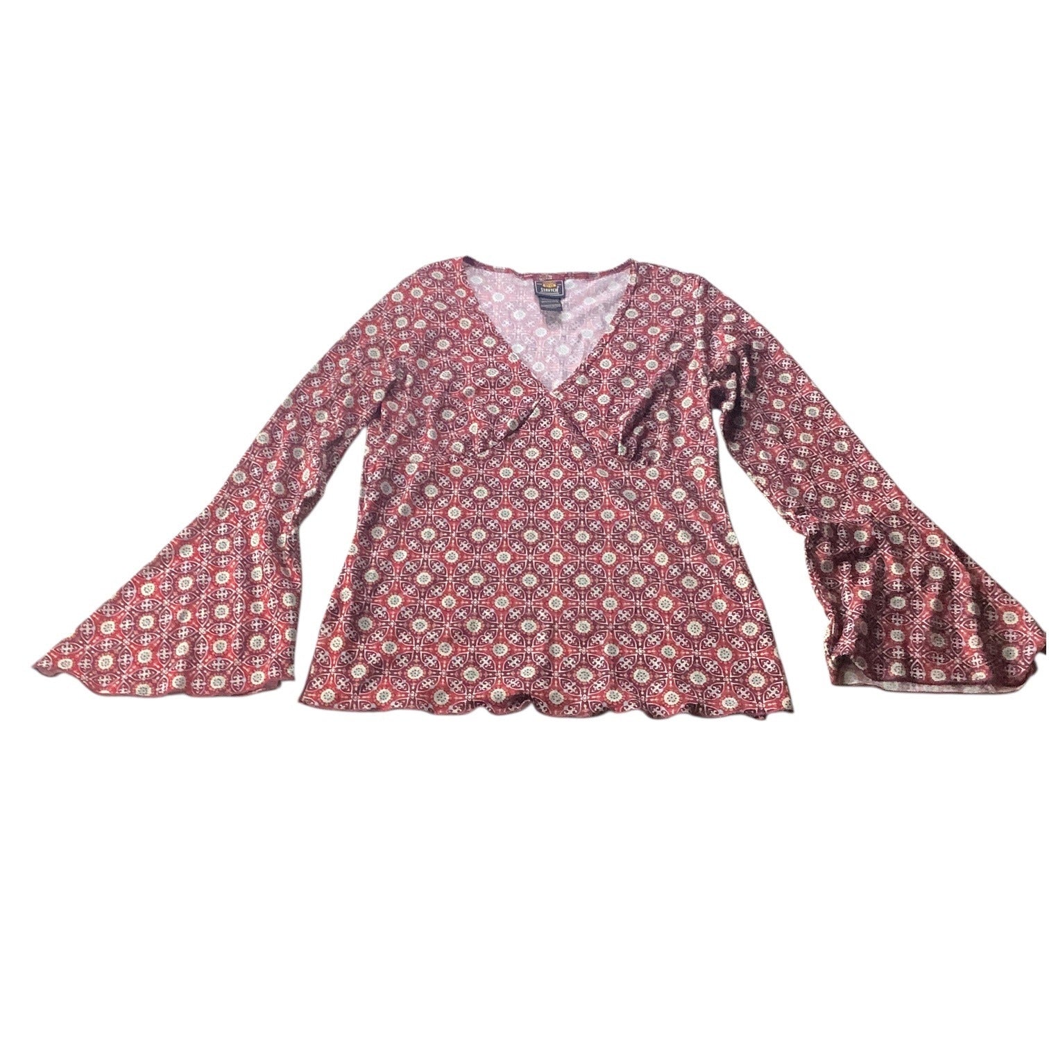 Route 66 Ladies Red Blouse Flare Bell Sleeves Sz M Boho Geometric Pattern