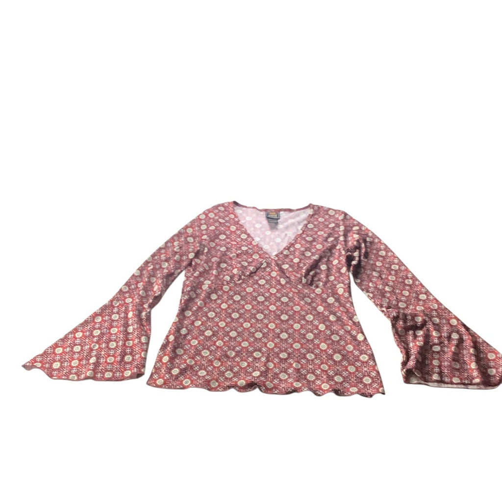 Route 66 Ladies Red Blouse Flare Bell Sleeves Sz M Boho Geometric Pattern